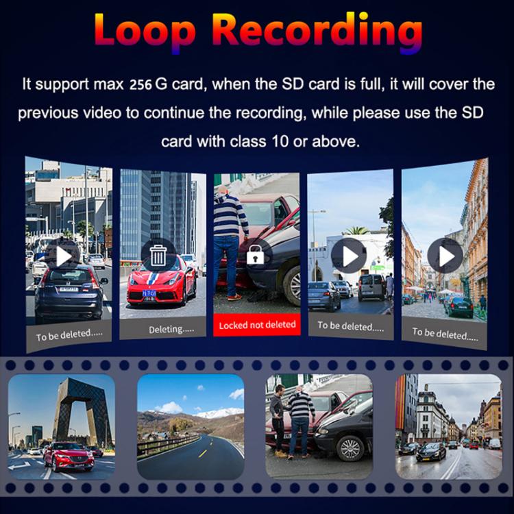 Dashcam loop recording screen with multiple car video thumbnails and playback controls