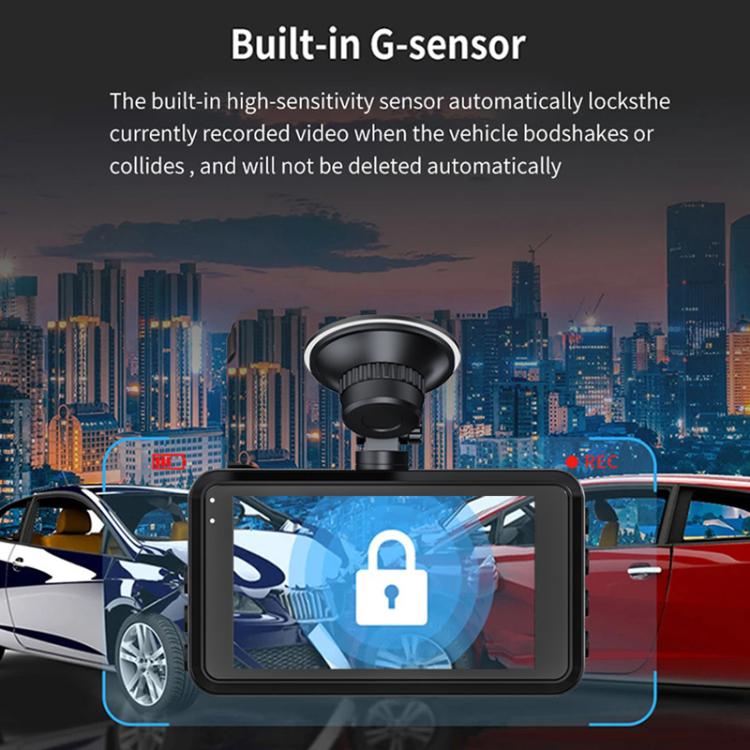 Dashcam with built-in G-sensor lock icon on the screen over city background