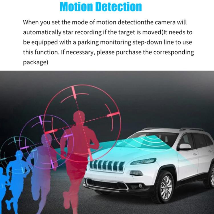 Dashcam motion detection overlay with colored motion target circles and white SUV