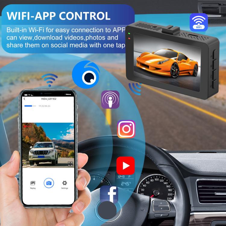 WiFi dashcam with phone app control and car dashboard screen view