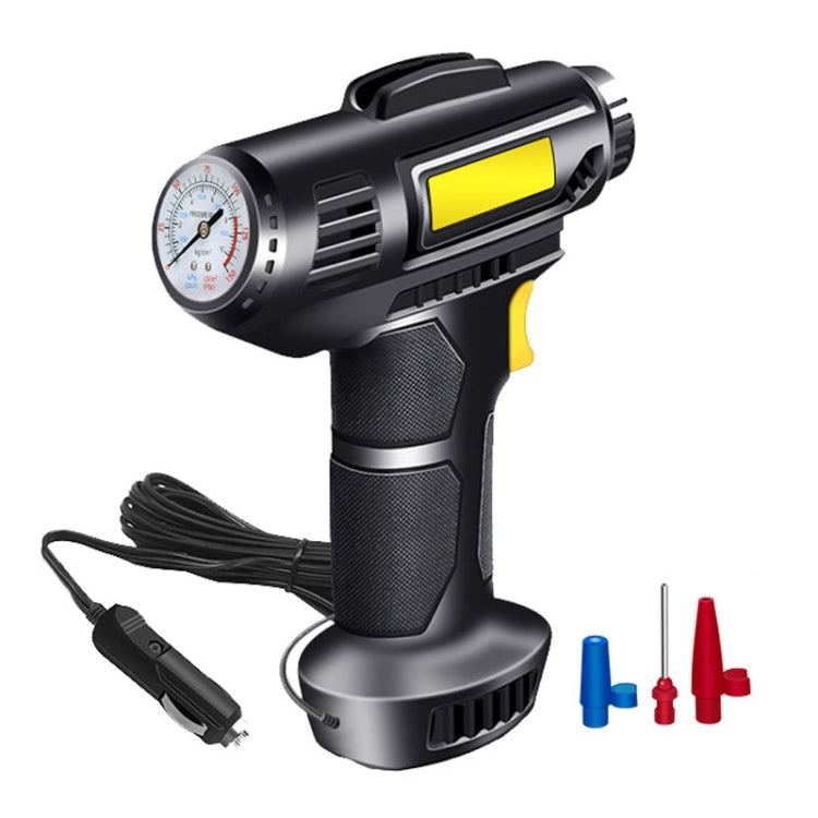 Portable car tire inflator with analog gauge and yellow display, black and yellow handle
