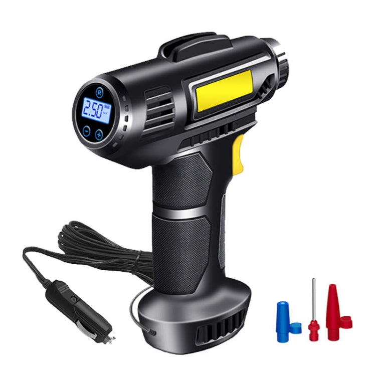 Portable car tire inflator with digital screen reading 2.5 bar, black and yellow handle