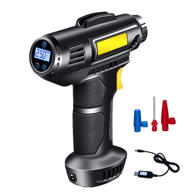 Portable car tire inflator with digital screen, black body, included nozzle caps