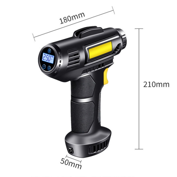 Portable car tire inflator with size diagram, black body and yellow trigger handle