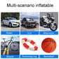 Portable inflator shown for multiple uses: car, motorcycle, bicycle, pool, and sports balls