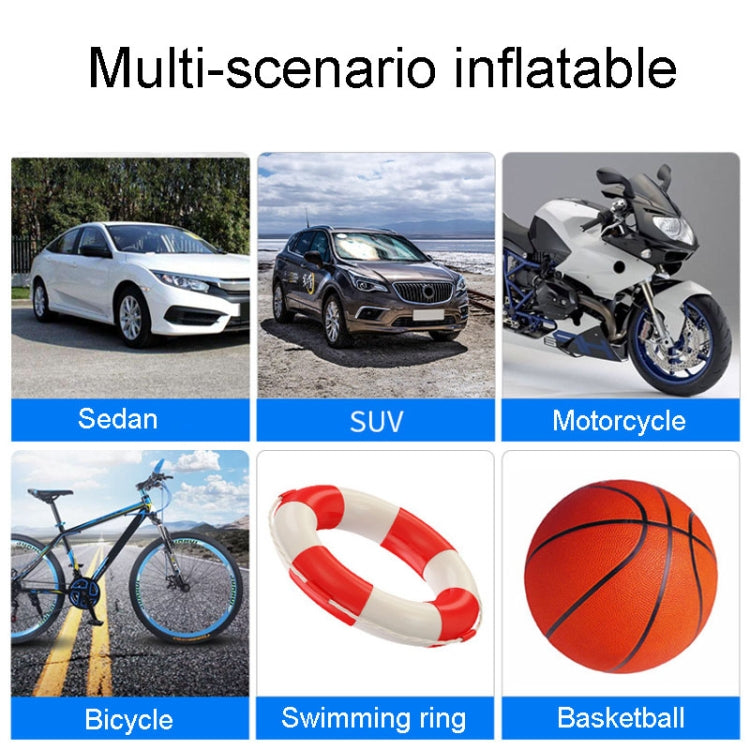 Portable inflator shown for multiple uses: car, motorcycle, bicycle, pool, and sports balls