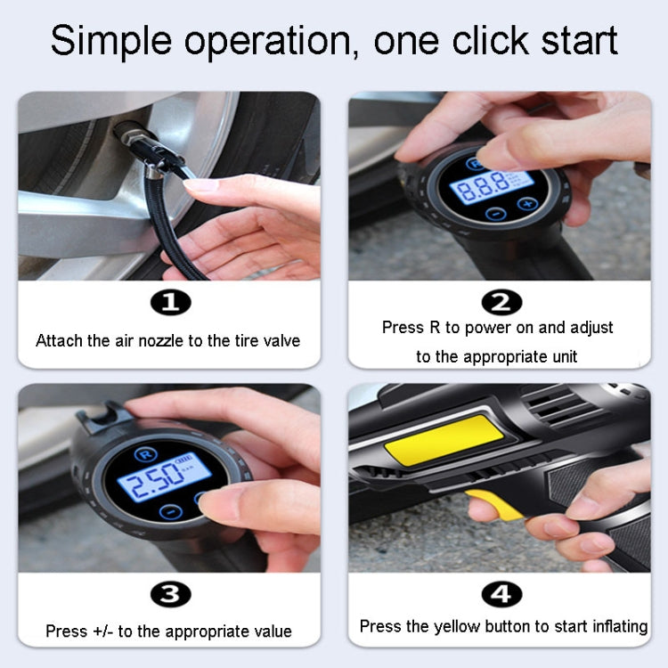 Handheld digital tire inflator with LED screen and controls for one-click operation