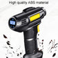 Portable car tire inflator with blue digital gauge, black grip, yellow and silver accents