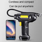 Cordless portable car tire inflator with smartphone display and cable, black and yellow