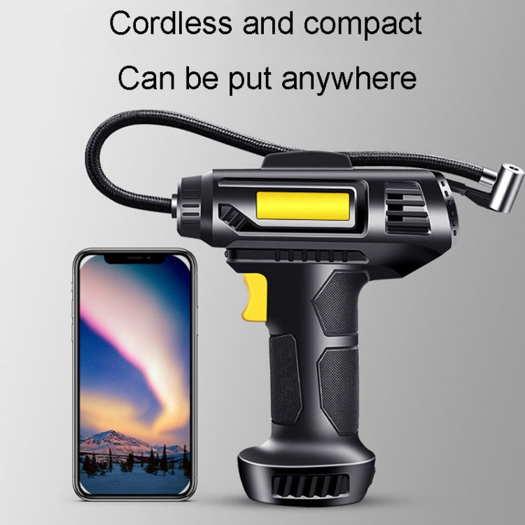 Cordless portable car tire inflator with smartphone display and cable, black and yellow
