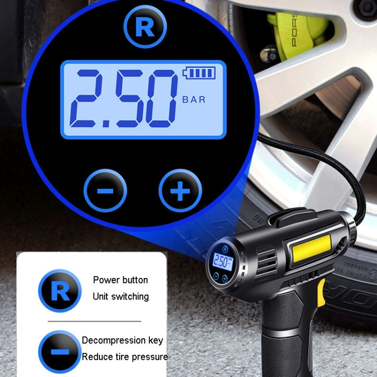 Portable car tire inflator control panel close-up with digital pressure display and buttons