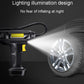 Portable car tire inflator with LED light illumination beam near a wheel