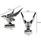 Chrome eagle wing hood ornament with stand base, shown with size guide