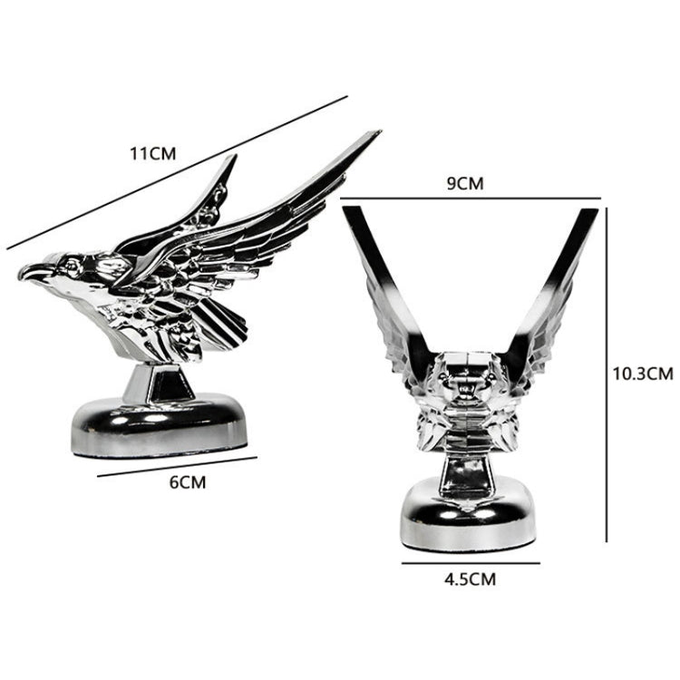 Chrome eagle wing hood ornament with stand base, shown with size guide