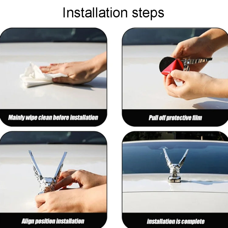 Chrome eagle wing ornament installation showing adhesive film removal