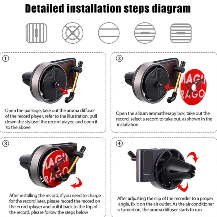 Diagram showing how to install a record-style car air vent fragrance diffuser
