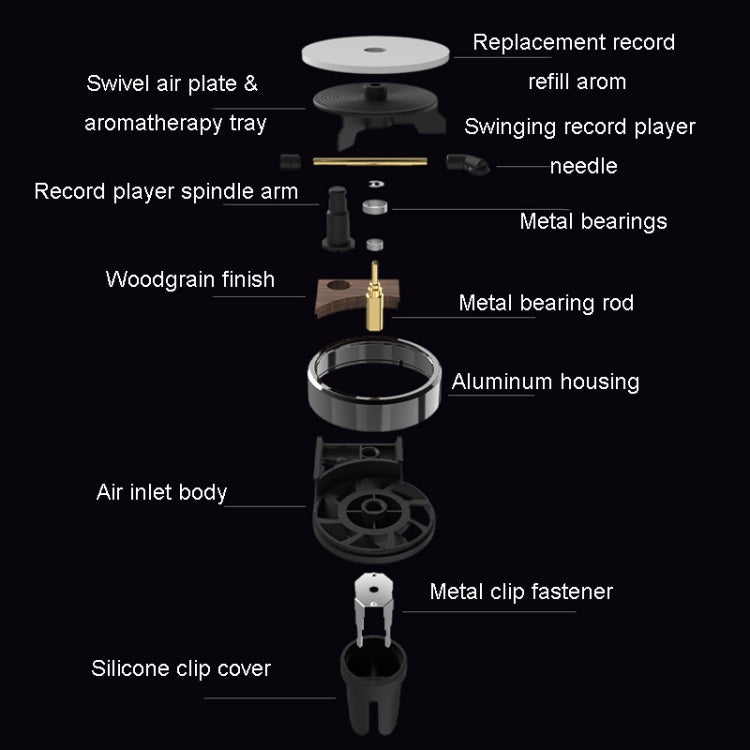 Retro gramophone car fragrance diffuser parts with metal clip fastener and housing