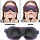 Purple 3D sleep eye mask worn on face, contoured padding and side strap visible