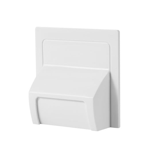 White wall-mounted toilet drain baffle with front opening and hinged cover