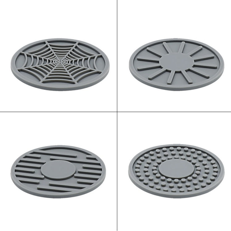 Car silicone coasters, gray round pair with spiderweb and dot grip textures