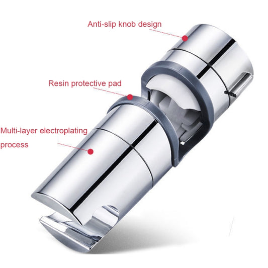 Chrome shower rod lift clamp with gray protective pads and black anti-slip knob