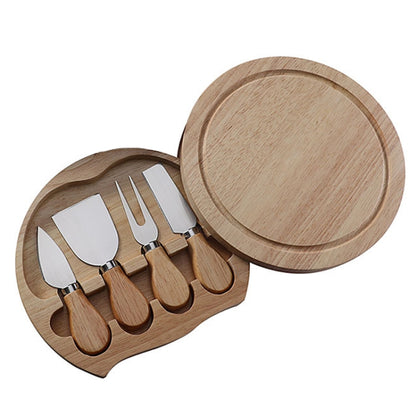 Wooden round cheese box set with stainless knives, forks, spatula, and hinged lid