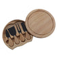 Wooden round cheese box set with black-handled stainless cheese knives and hinged lid