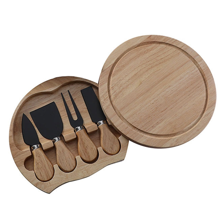 Wooden round cheese box set with black-handled stainless cheese knives and hinged lid