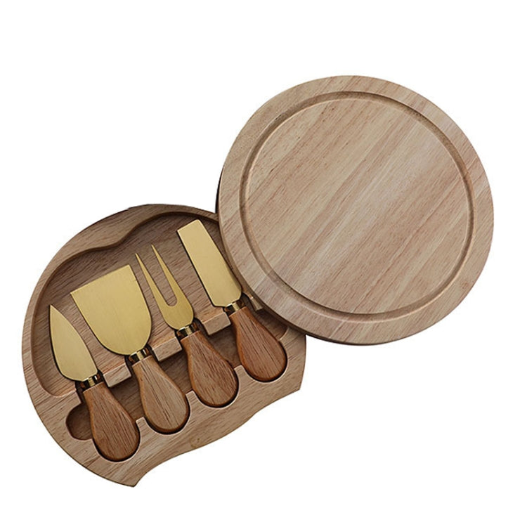 Wooden round cheese box set with gold-tone stainless cheese tools and hinged lid