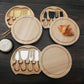 4-piece wooden cheese tool set with round boards, knives and forks, and hinged lids