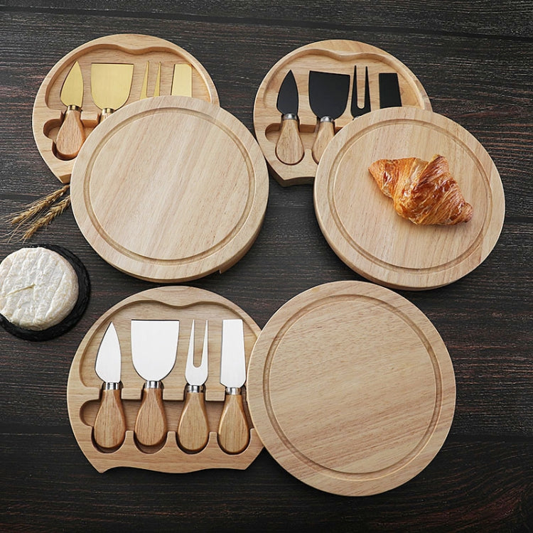 4-piece wooden cheese tool set with round boards, knives and forks, and hinged lids