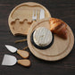 4-piece wooden cheese tool set with round boards, stainless blades, and oak handles