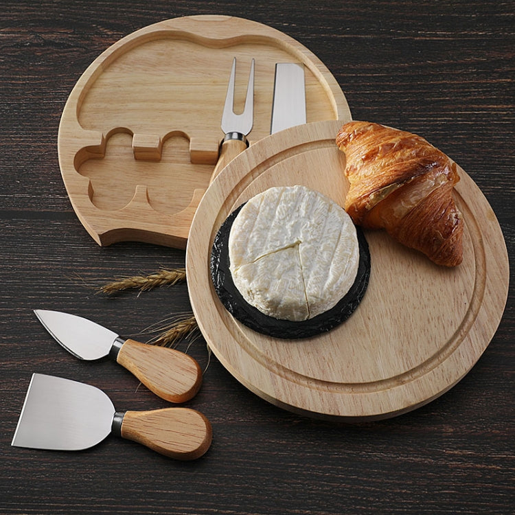 4-piece wooden cheese tool set with round boards, stainless blades, and oak handles
