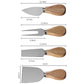Dimension view of four stainless cheese knives with wood handles, showing blade shapes