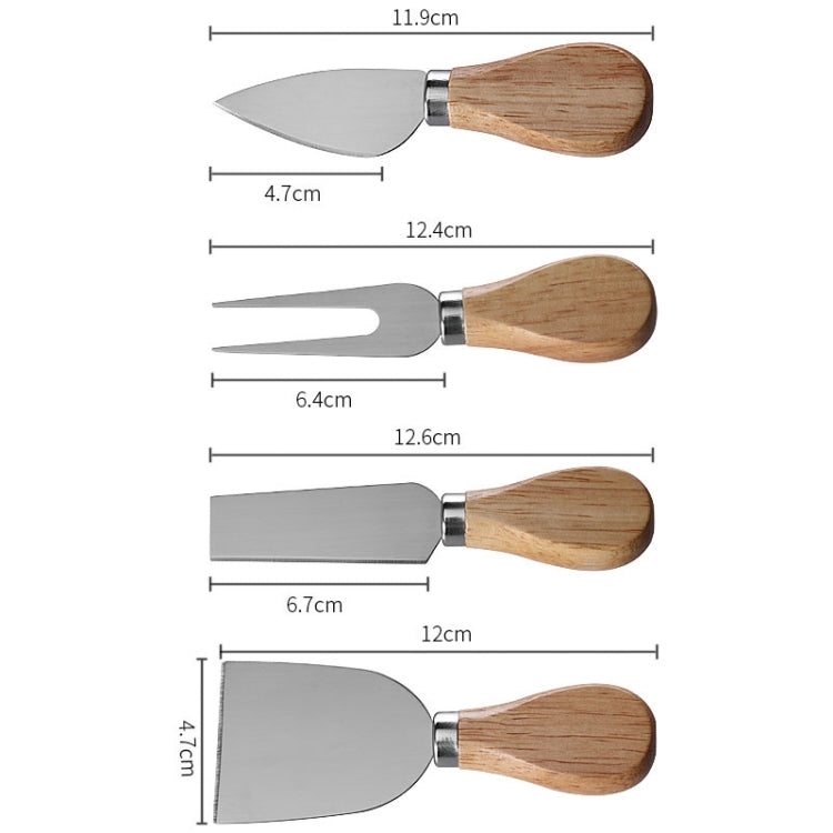 Dimension view of four stainless cheese knives with wood handles, showing blade shapes