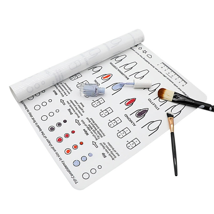 White silicone manicure pad palette with nail design chart and nail polish tools nearby