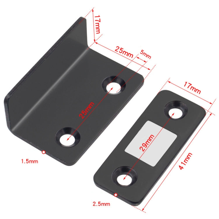 Black L-shaped magnetic suction door brackets with mounting holes (close-up)