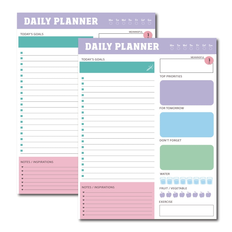 Daily planner notebook with purple, teal, and pink sections and lined layout