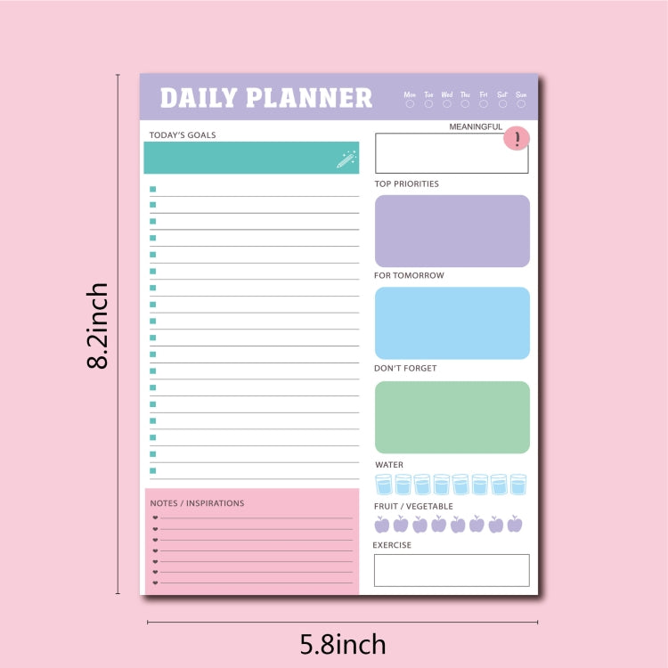 Daily planner notebook, 5.8 x 8.2 in, purple header with goals and priority sections