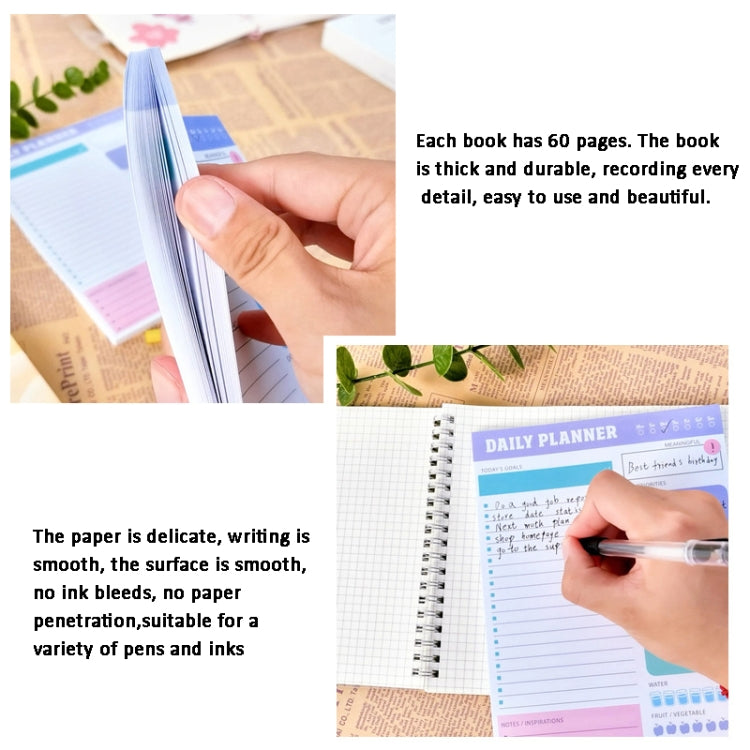 Spiral daily planner notebook with pen writing on lined page and colorful category boxes