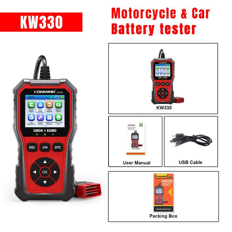 KONNWEI KW330 OBD2 code reader kit with red OBD connector and accessory items