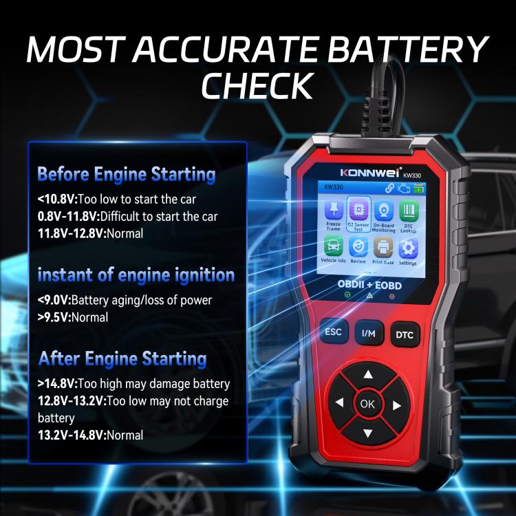 Handheld OBD2 engine code reader KW330 with red backlit screen and keypad