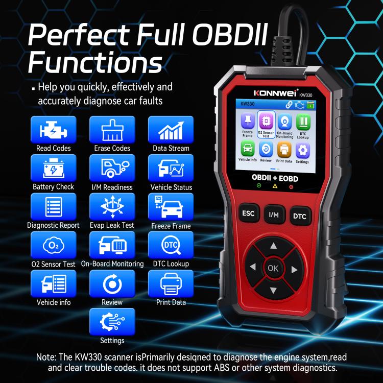 KONNWEI KW330 OBD2 engine code reader displaying feature icons on its screen