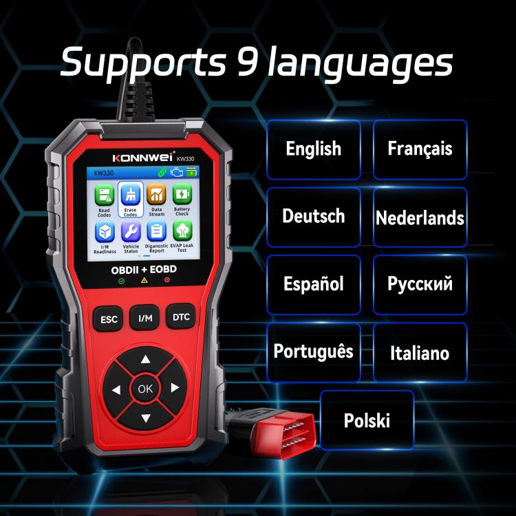 KONNWEI KW330 OBD2 code reader showing 9 language options on the display