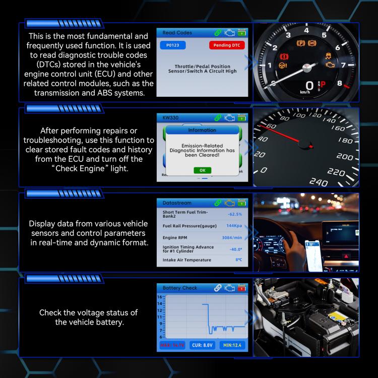 KONNWEI KW330 OBD2 code reader with multiple diagnostic function screens