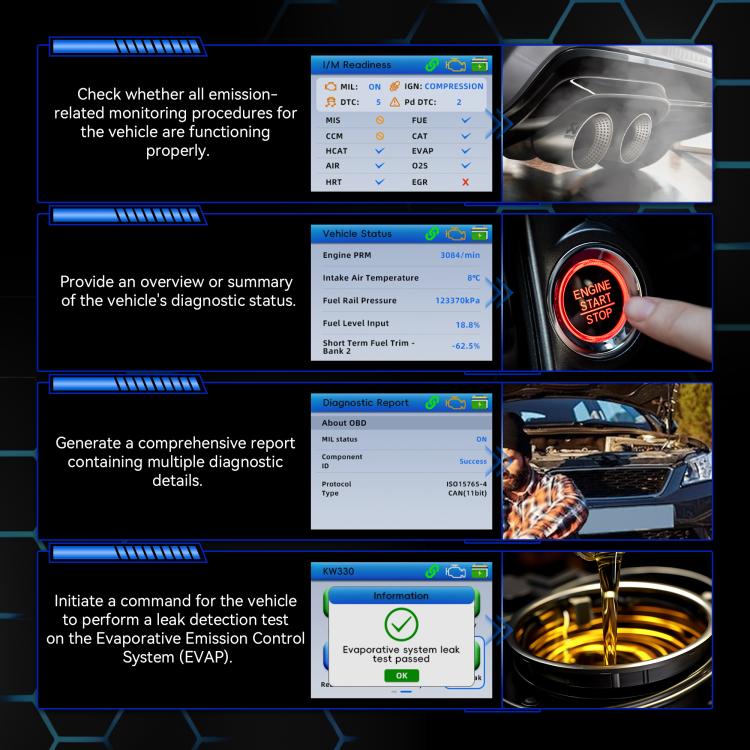 KONNWEI KW330 OBD2 code reader screen showing emission and vehicle status panels