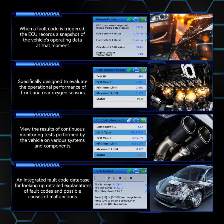 KONNWEI KW330 OBD2 code reader display with freeze frame and sensor test results