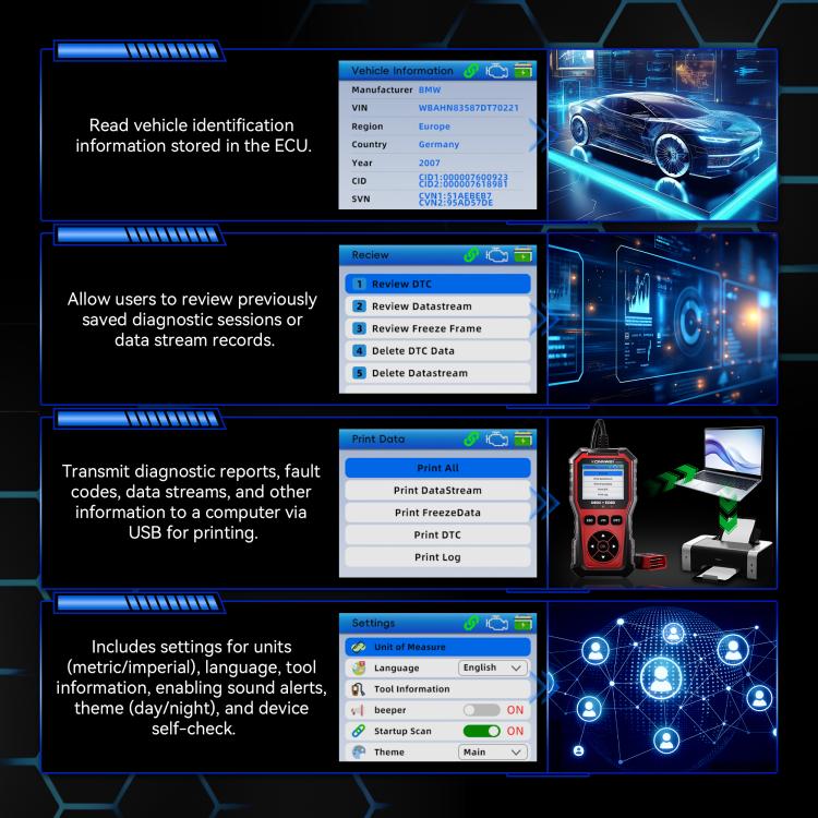 KONNWEI KW330 OBD2 code reader screen showing vehicle identification and saved data