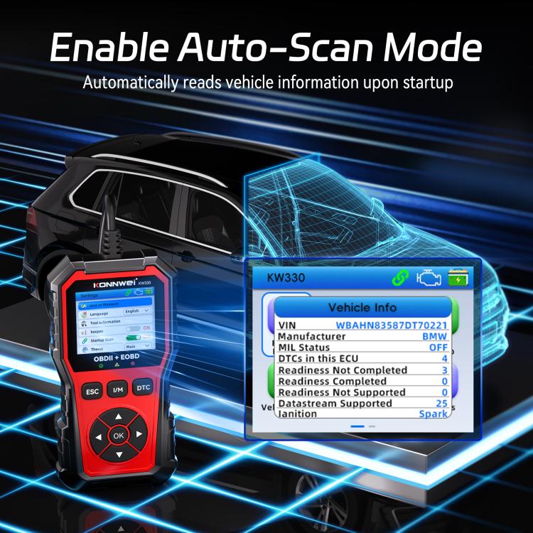 KONNWEI KW330 OBD2 code reader with vehicle info display overlay
