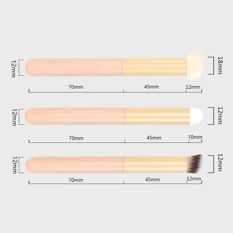 Three concealer brushes showing size measurements in a set